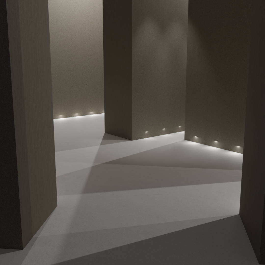 3d setting of dark walls and lights casting shadows